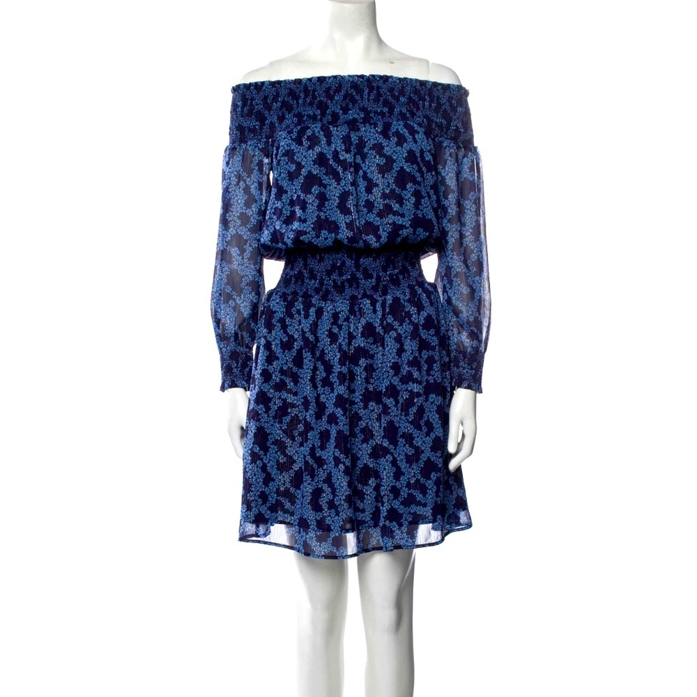 Michael Kors Blue Floral Printed Long Sleeve with off the Shoulder Crepe Dress